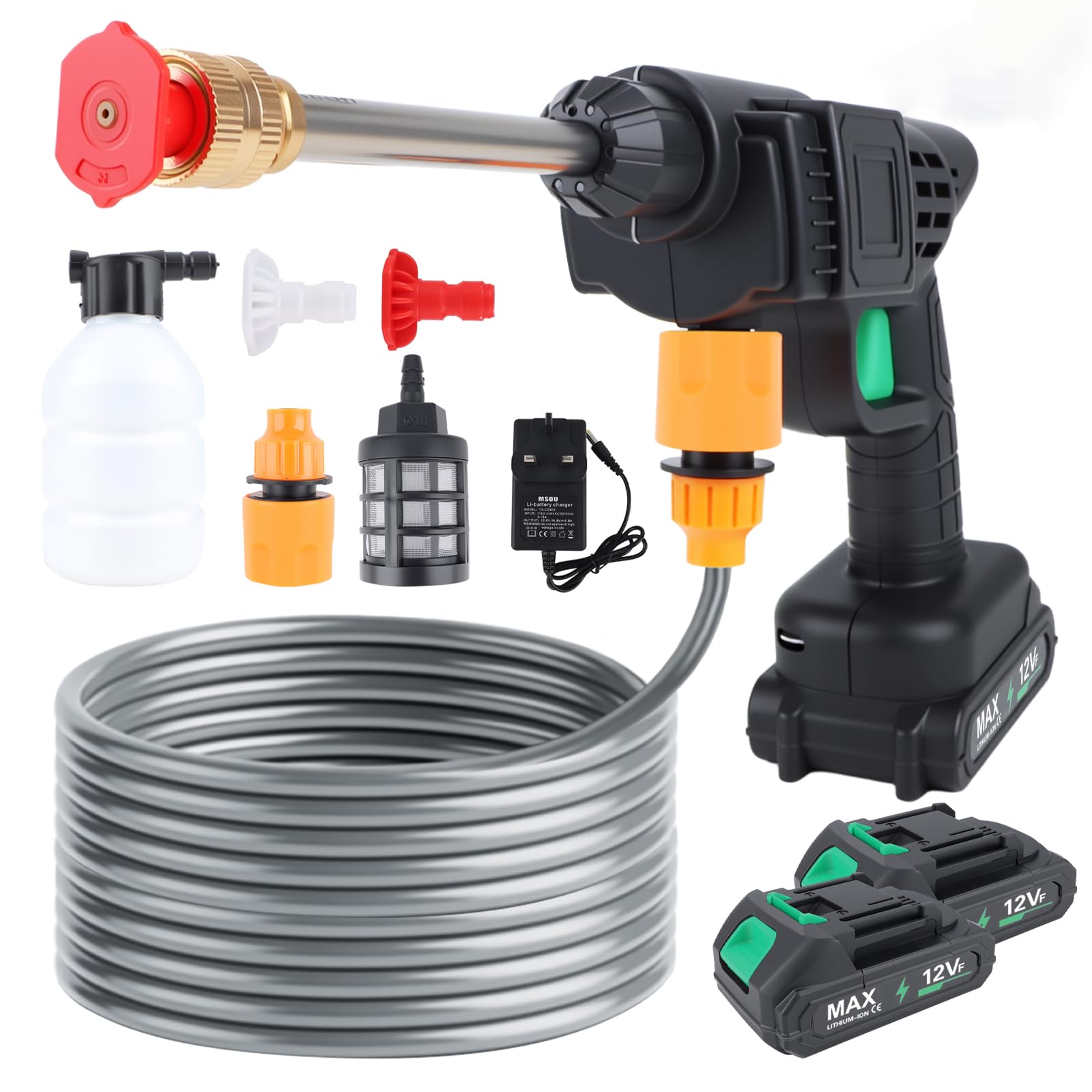 Idropulitrice senza fili da 12 V con 2 batterie, idropulitrice portatile da 320 PSI con tubo da 5 m, ugello regolabile e bottiglia di schiuma, pulitore ad alta pressione per auto, patio, giardino