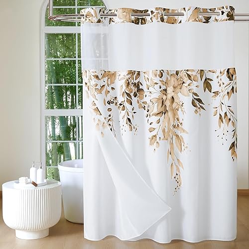 Miniatura 17 de QiyI Cortina de ducha sin gancho con forro de tela a presión, cortina de ducha de eucalipto gris con ventana superior transparente, tela