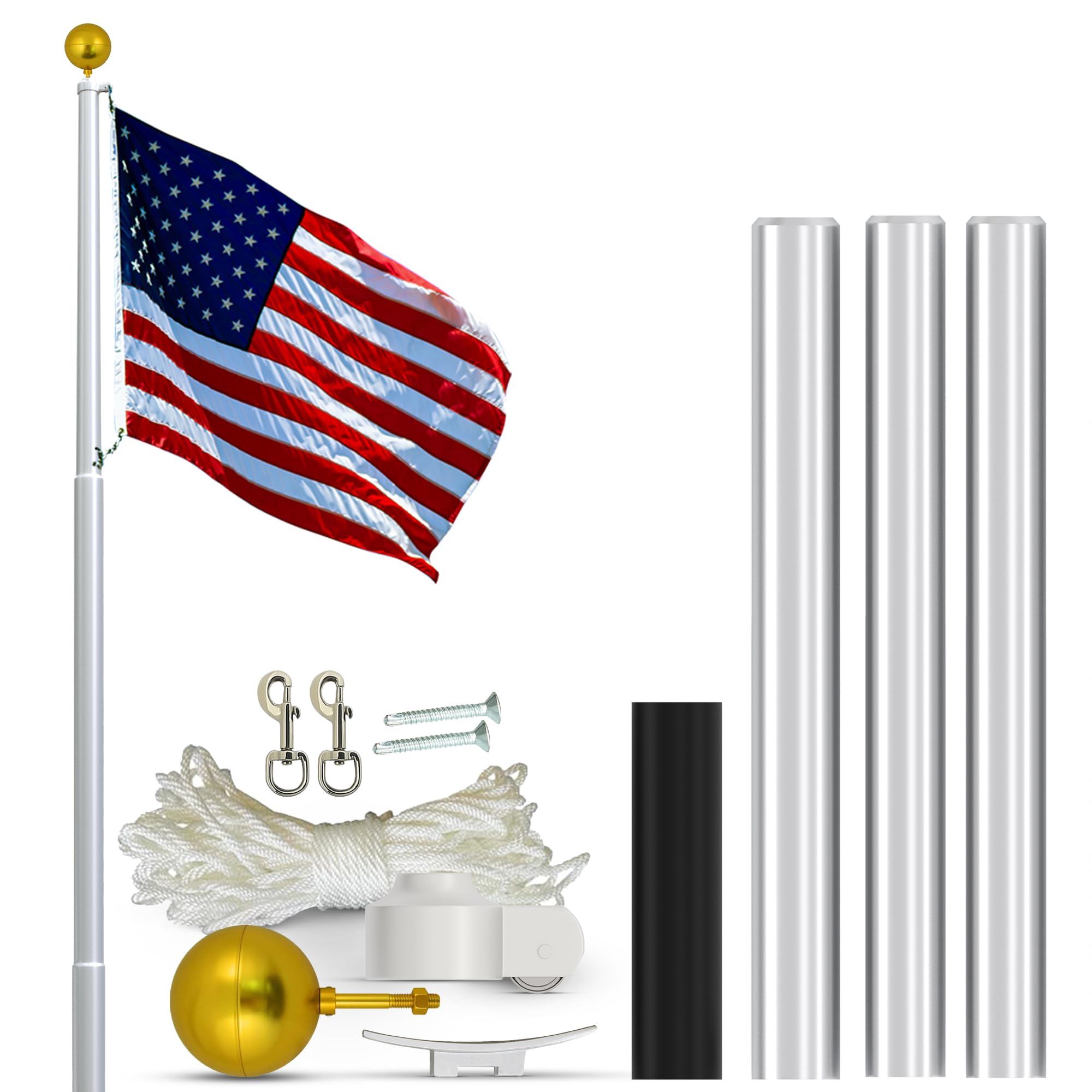 Super Tough USA-Made 20ft Heavy Duty Flag Pole for Outside House - Satin Finish - Residential In-Ground Flagpole - 3-Section High-Grade Aluminum -