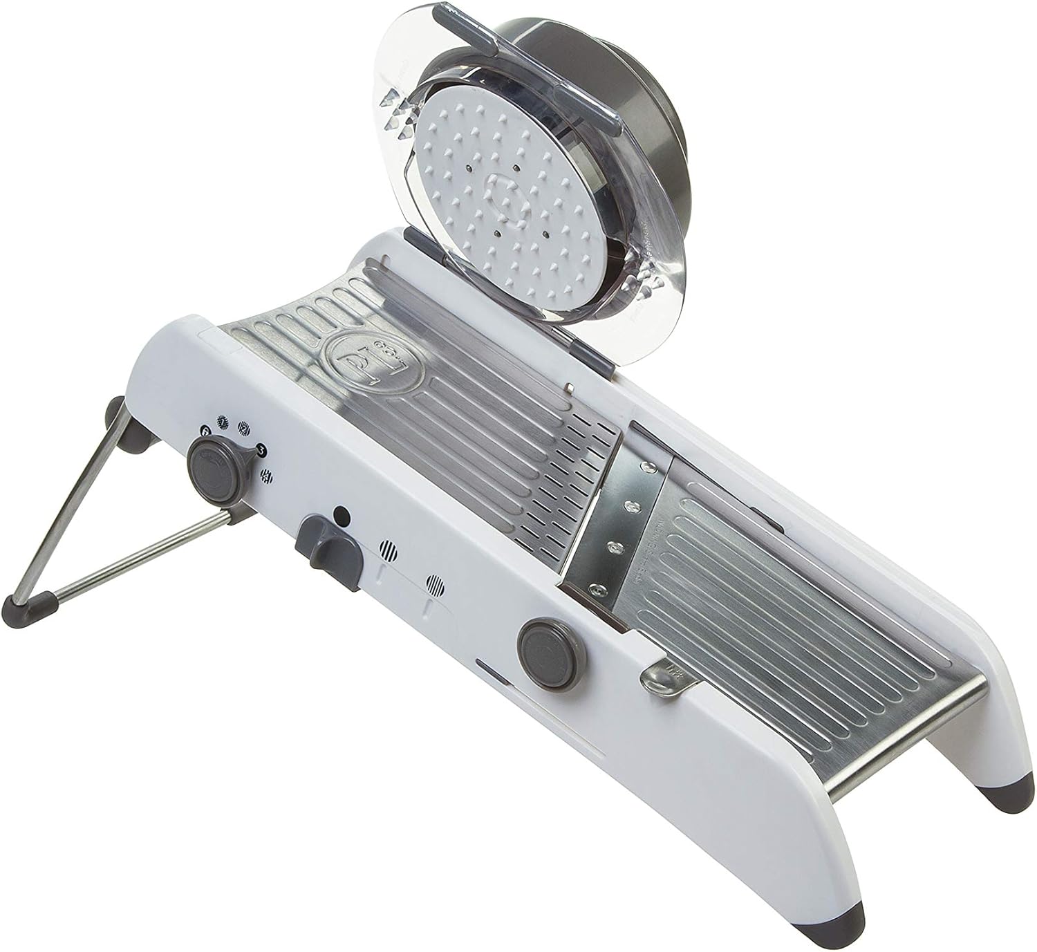 PL8 Professional Mandoline - Versatile Slicer with Adjustable Straight, Waffle, and Julienne Blades, Extra-Wide Stainless Steel Deck, Safety Hand Guard, Non-Skid Feet, and Space-Saving Design