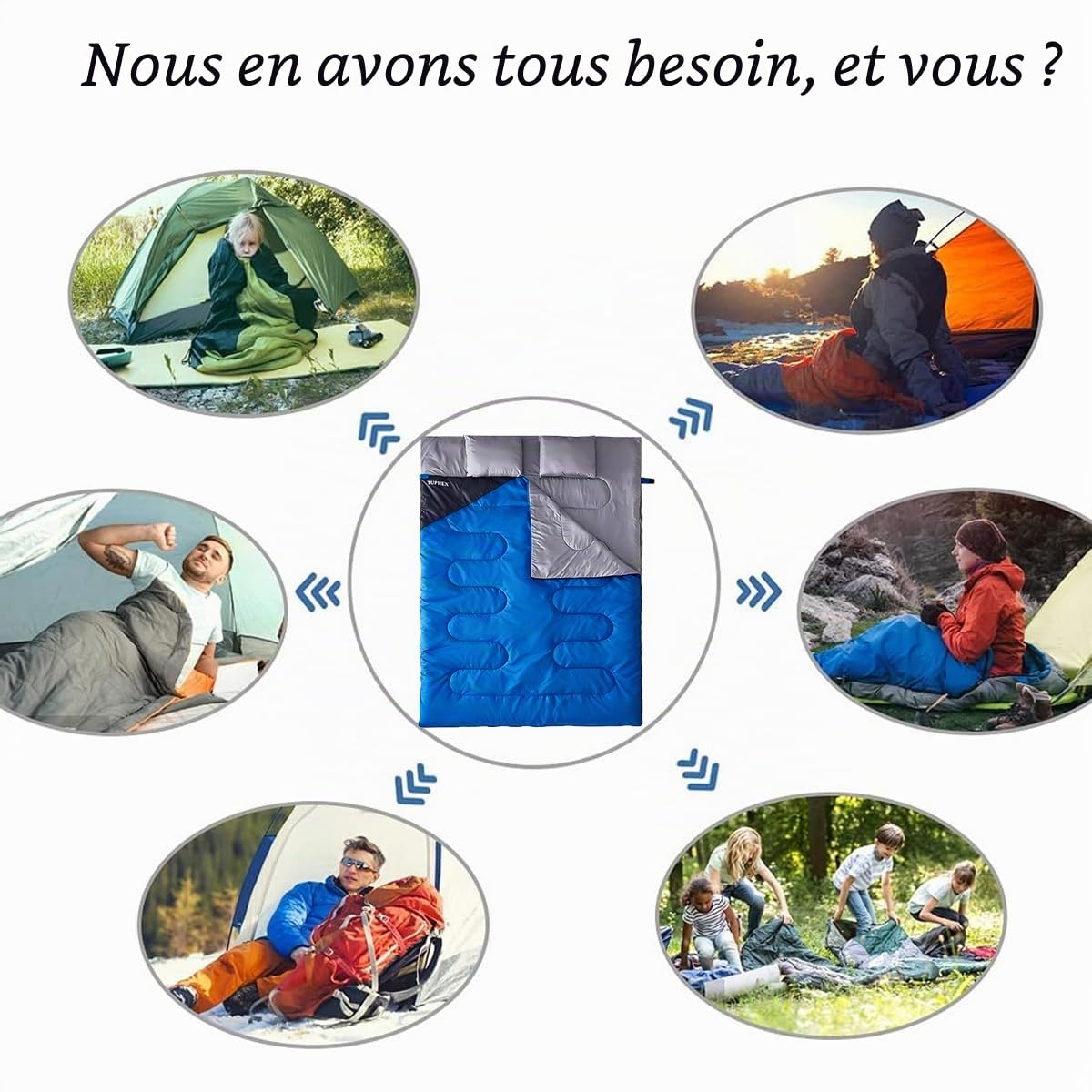 Sac de Couchage – Sac de Couchage 3 à 4 Saisons pour Adultes, Enfants, Filles, garçons, pour randonnée, Temps Froid et Chaud, léger (Bleu Gris, Double 220 x 150 cm)