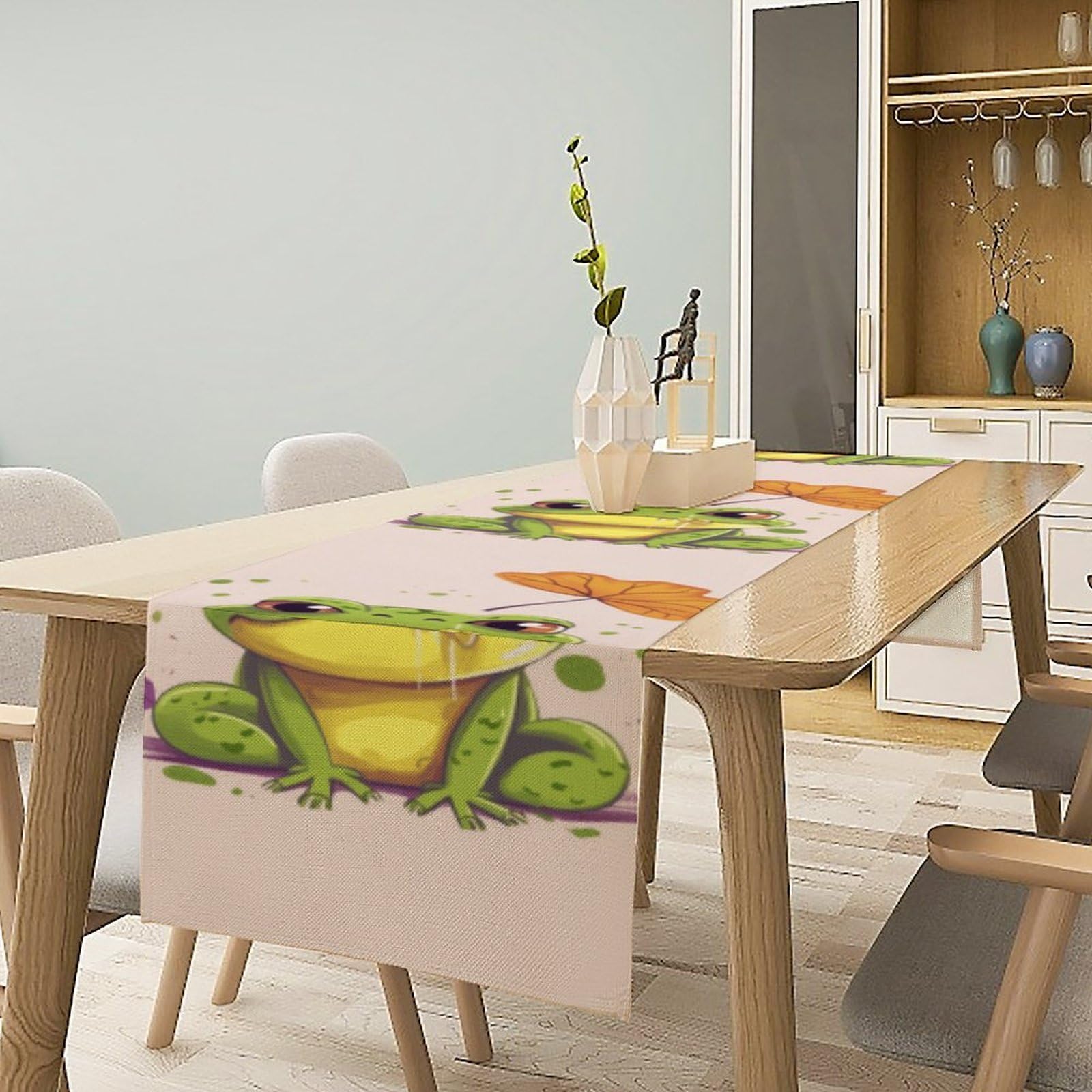 Leaves and Frog Table Runner 13x72 Inch Linens Burlap Table Runner with Tassels Boho Farmhouse Table Runner for Kitchen Home Christmas Halloween Party Table Decor Tablecloth