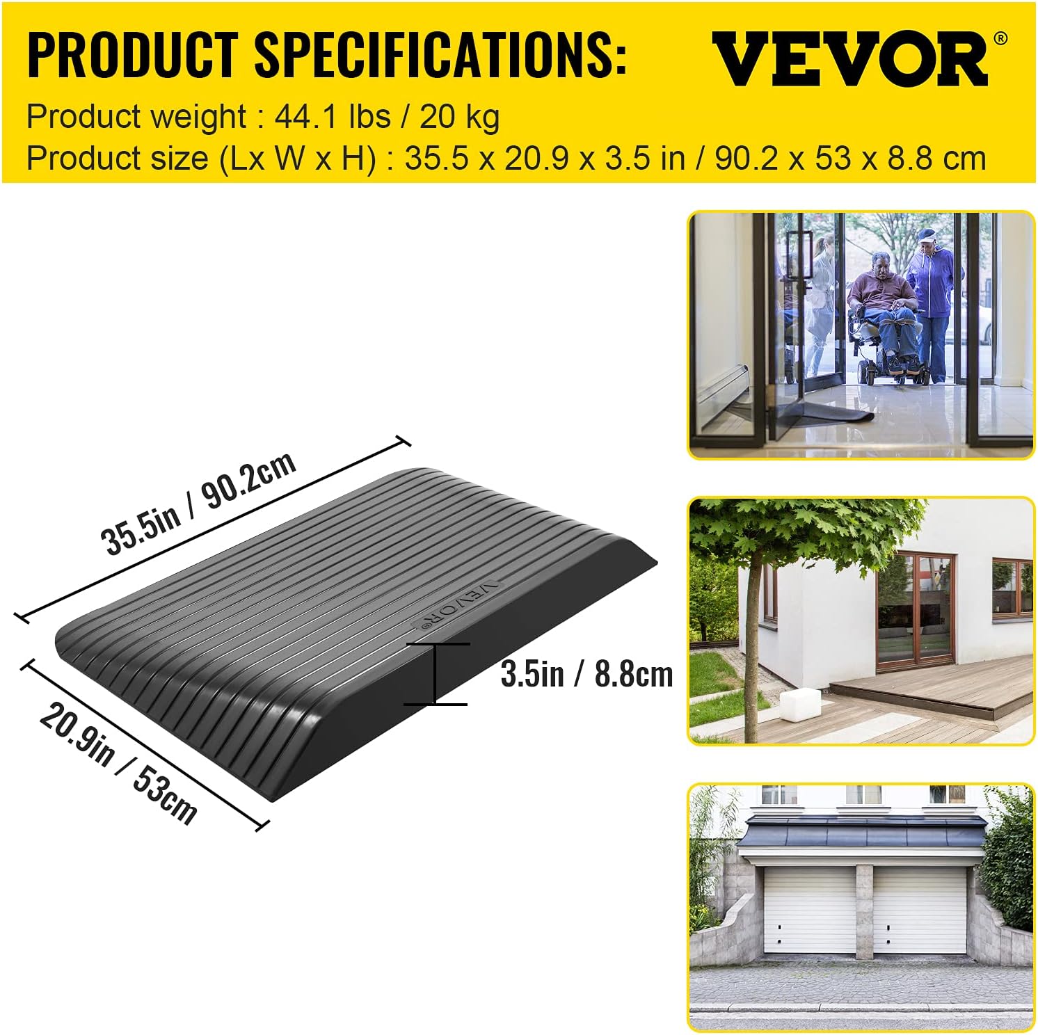 VEVOR Rubber Threshold Ramp, 3.5" Rise Threshold Ramp Doorway, Recycled Rubber Power Threshold Ramp Rated 2200Lbs Load Capacity, Non-Slip Surface Rubber Solid Threshold Ramp for Wheelchair and Scooter -