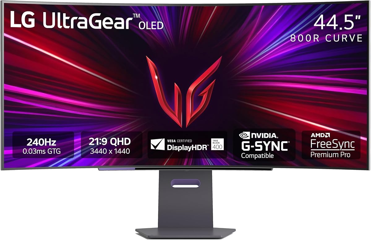 LG 45GS95QE Ultragear OLED Curved Gaming Monitor 45-Inch WQHD 800R 240Hz 0.03ms DisplayHDR True Black 400 AMD FreeSync Premium Pro NVIDIA G-Sync HDMI 2.1 DisplayPort Tilt/Height/Swivel Stand - Black : Electronics