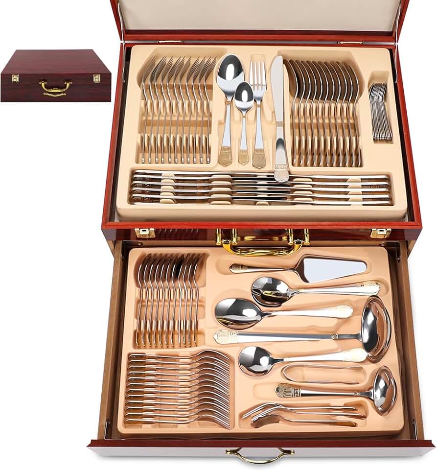 Faqueiro, Jogo de Talheres 84PCS, 410 Faqueiro Inox, Conjunto de Talheres de Aço Inoxidável de Qualidade, Prata