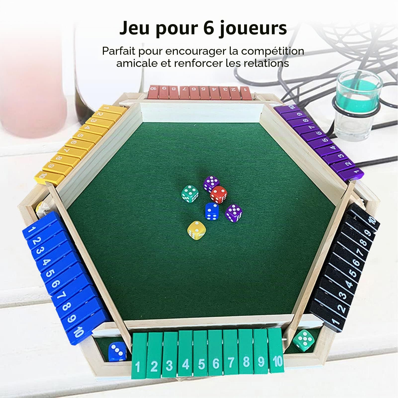 Shut The Box, Jeu de Table avec 12 Dés, 6 Joueurs en Bois à Faces Colorées