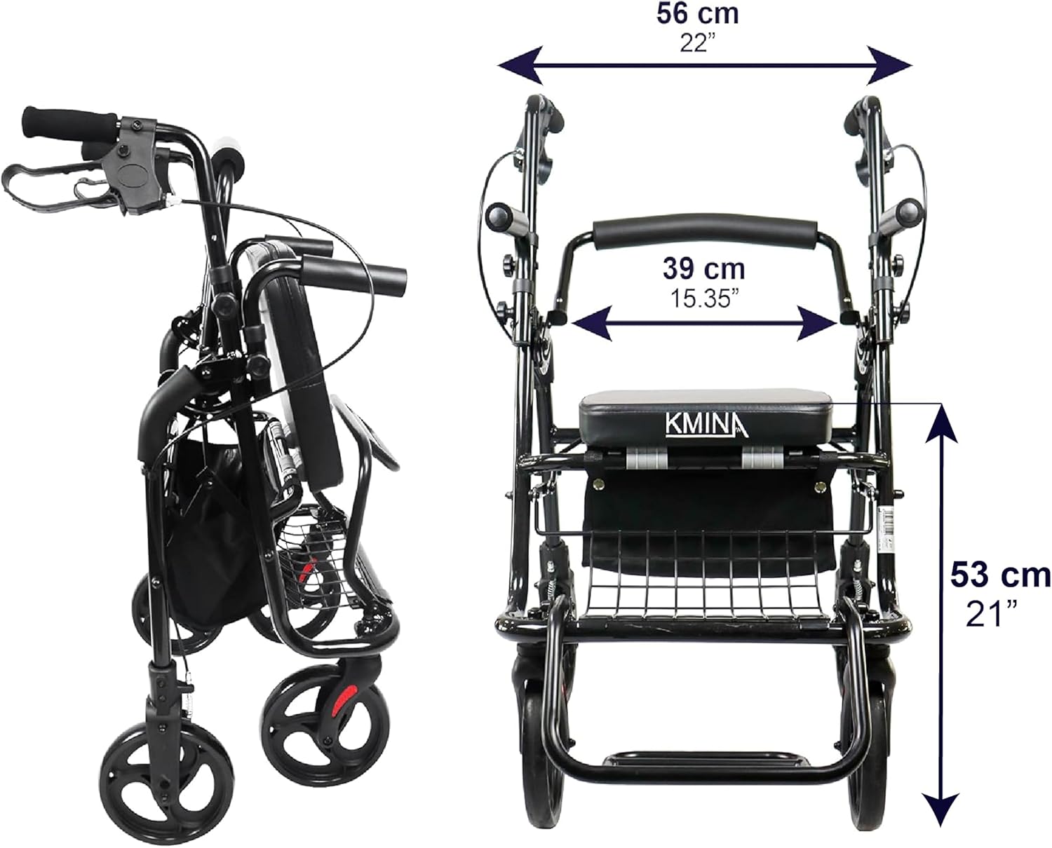 Dimensions of the KMINA Rollator Wheelchair Combo, showing height, width, and depth in both unfolded and folded configurations.