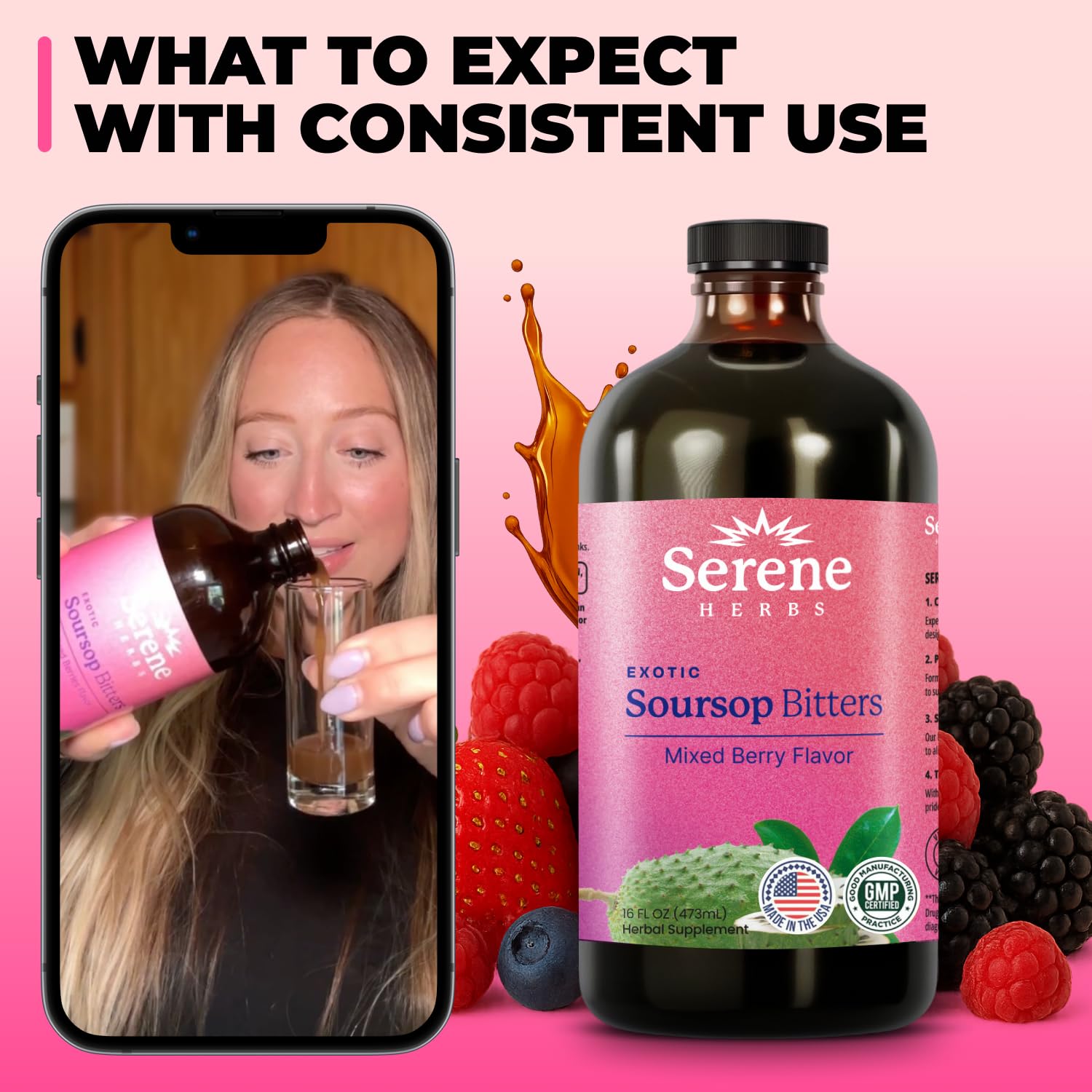 Serene Herbs Soursop Bitters Liquid with Soursop Leaves for Gut Cleanse, Detox & Immune Boost with Black Seed, Moringa, Irish Moss, Ashwaganda, Turmeric,(16 Fl Oz (Pack of 1), Mixed Berry) — Amazon image 5