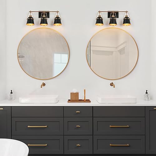 Miniatura 4 de Lámparas de baño de oro negro, modernas luces de tocador de granja sobre el espejo, 3 luces de cobre dorado con pantalla de metal y artesanía
