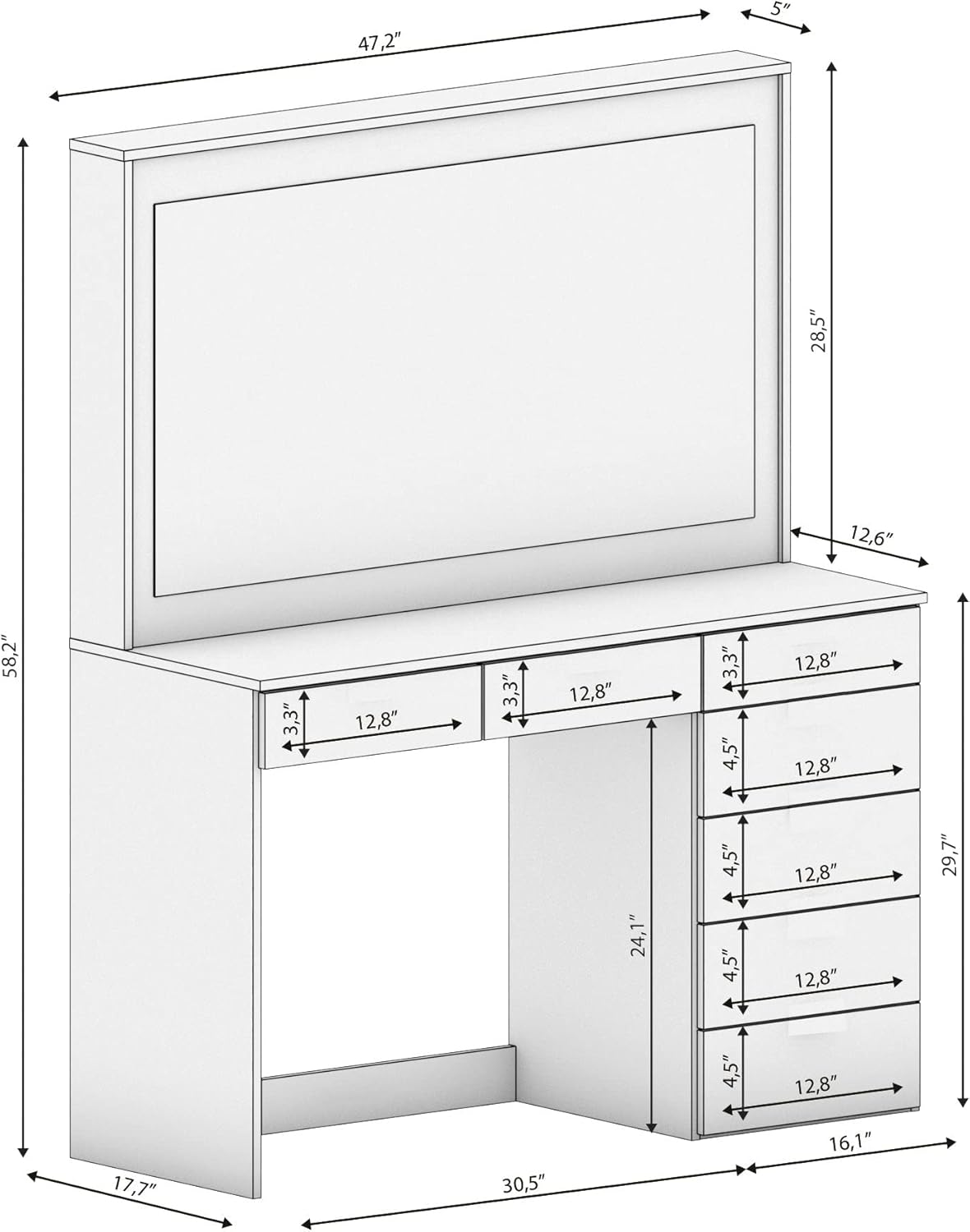 Boahaus Selene Modern Makeup Vanity Desk with LED Lights Strip, 07 Drawers, Large Top, Sturdy Frame, and Hollywood Vanity Mirror with Lights, Gold Knobs, White Makeup Desk for Bedroom
