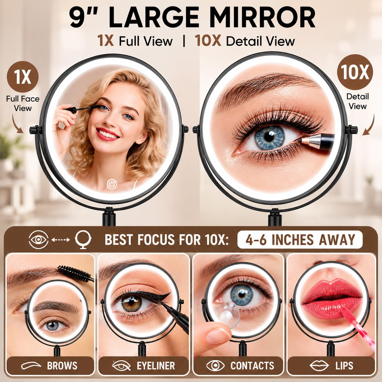 O'VANTAGE 9" Black Lighted Makeup Mirror, Rechargeable 1X/10X Vanity Mirror