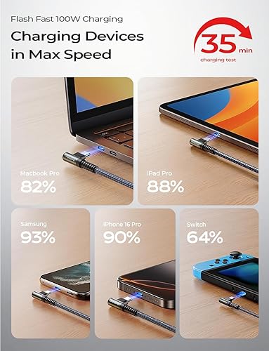 Miniatura 10 de AINOPE Cable duradero USBC a USBC de carga rápida en ángulo recto 100 W 2 unidades de 10 pies negro, cable de carga rápida para iPhone 15 Pro Max