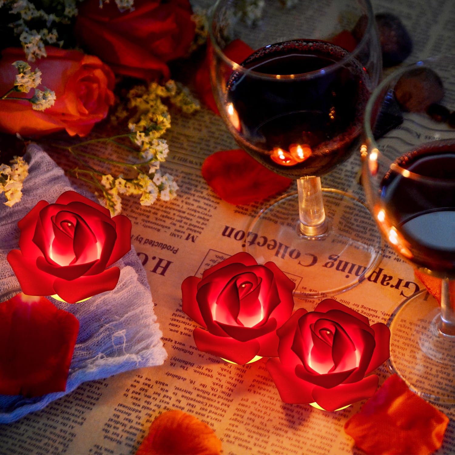 1000pcs Rose Petals and Candles Set, 12Pcs Heart Battery Tea Lights, Red LED Tealight Candles, Romantic Decorations Special Night