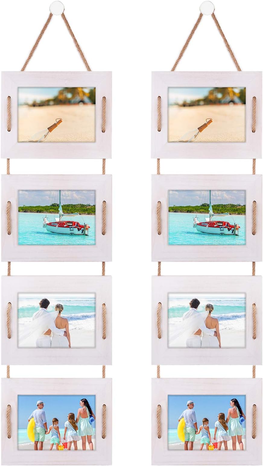 DLQuarts Hanging Picture Photo Frames 4-Frame Collage 5x7 Without Mat & 3.5x5 with Mat, Rustic Wood Vintage White 2 Pack