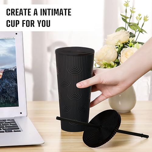 Miniatura 5 de Vaso de 24 onzas con tapa y pajita, vaso doble Venti con ondas de agua con tachuelas, 100% libre de BPA, a prueba de fugas, boca ancha, regalos de