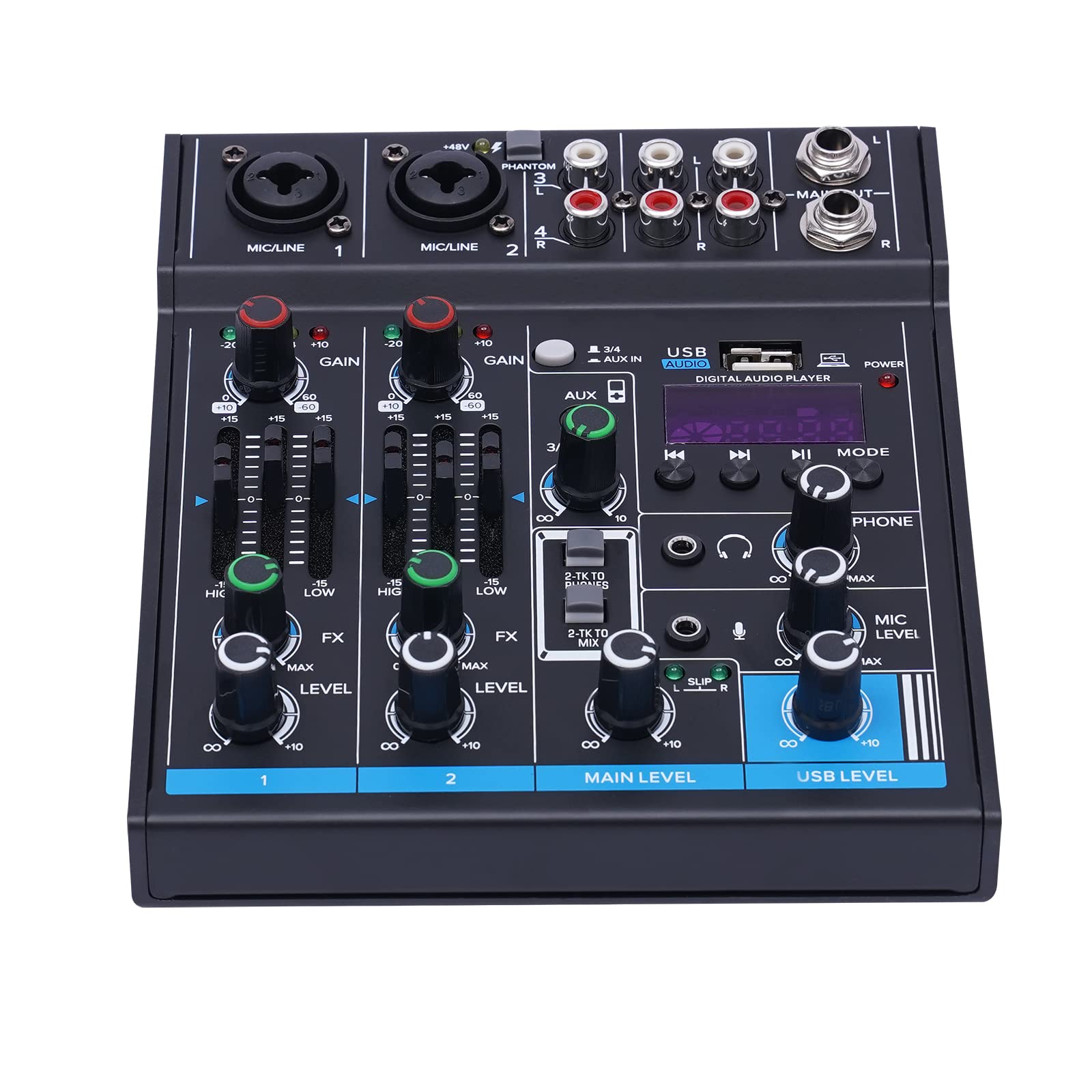 4-Kanal Audiomischer Analog Mixer Audio USB Live Studio Mischpult Bluetooth für Live Performance KTV Home Stage