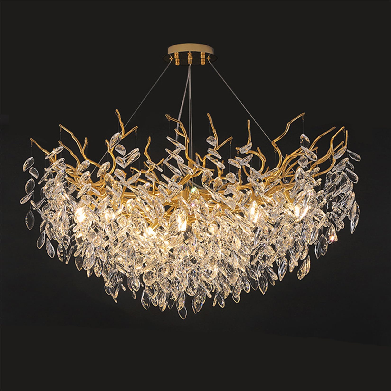 SXECAEPS Modern creative chandelier Gold Crystal Modern High Ceiling Tree Branch Lighting Large Raindrop Luxury Light Fixture for Foyer Entryway Staircase Living Room,Round 80cm