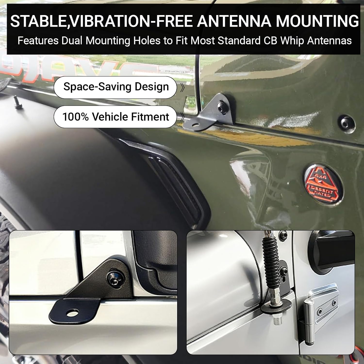 Driver Side CB Antenna Mount Compatible with Jeep Wrangler JL JLU & Gladiator JT 2018-2024, Front Hood Side Radio Antenna Mount Bracket for CB/HAM/GMRS Antennas, Heavy Duty Metal Holder