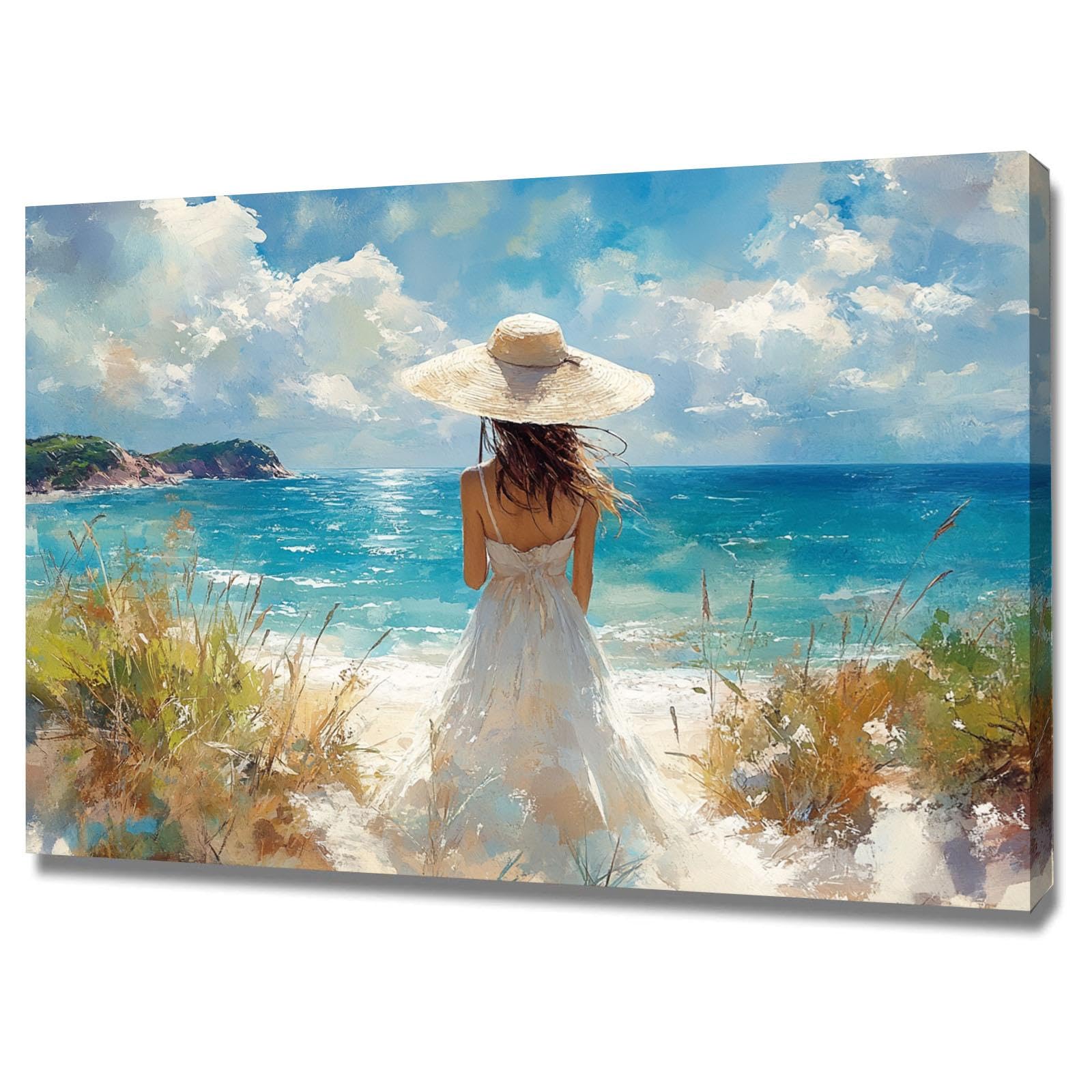 AMXBZC Blue，white Beach Wall Art Painting, Graffiti Beach Girl Ocean Theme Nautical Seascape Decor,for Boy Girl Teen,Women Home Ofice Decoration-40x60cm Framed