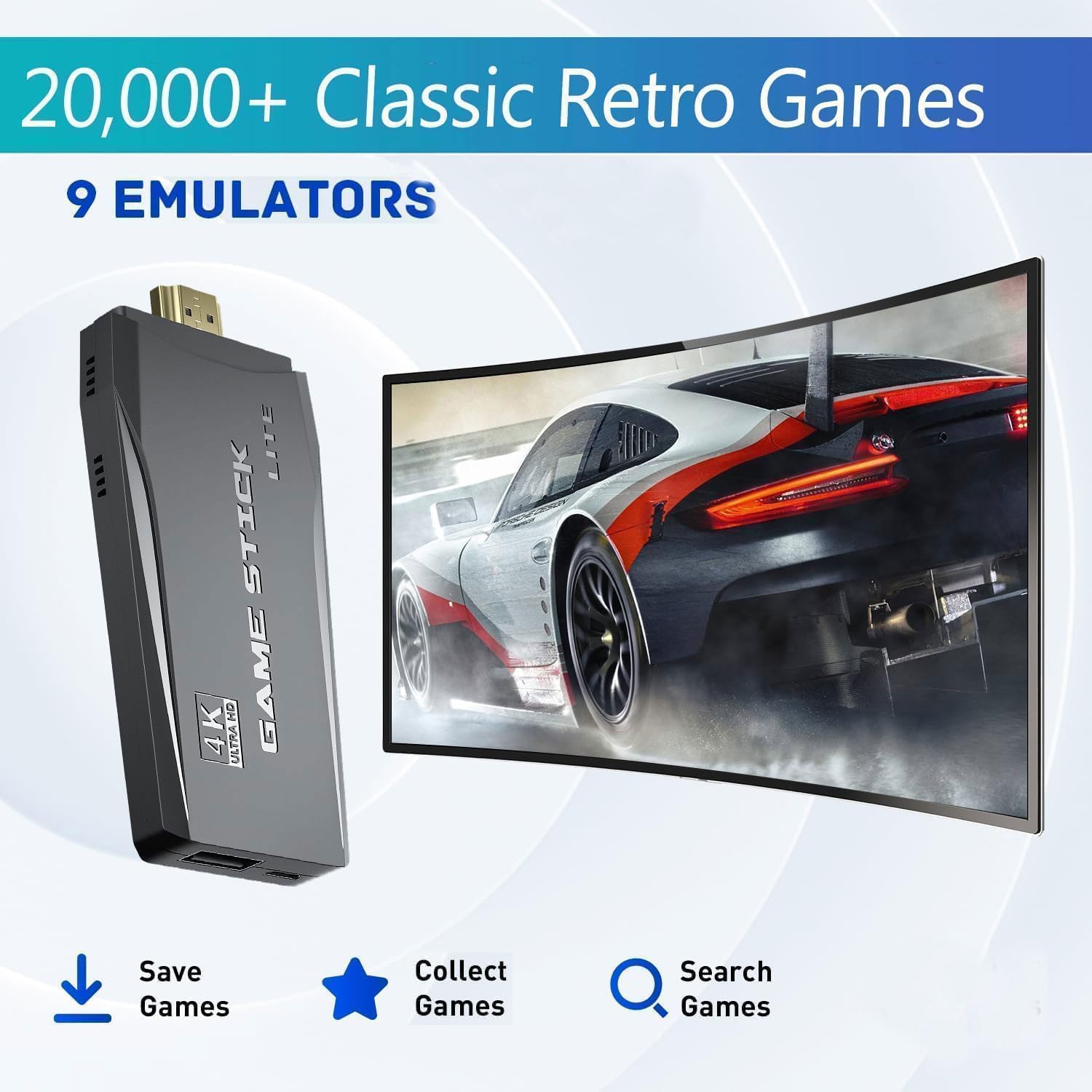 Retro Konsole mit 20.000+ Spielen, Retro Spielkonsole Game Stick, HDMI Plug & Play mit 2 Wireless Controllern, Klassische Videospielkonsole Geschenk für Familie & Freunde (Schwarz)