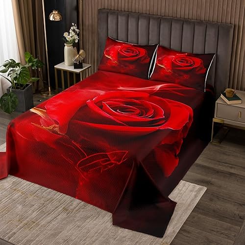 Miniatura 7 de Juego de edredón floral de rosas rojas, tamaño Queen, juego de colcha de flores impresas en 3D, juego de colcha botánica para el día de San
