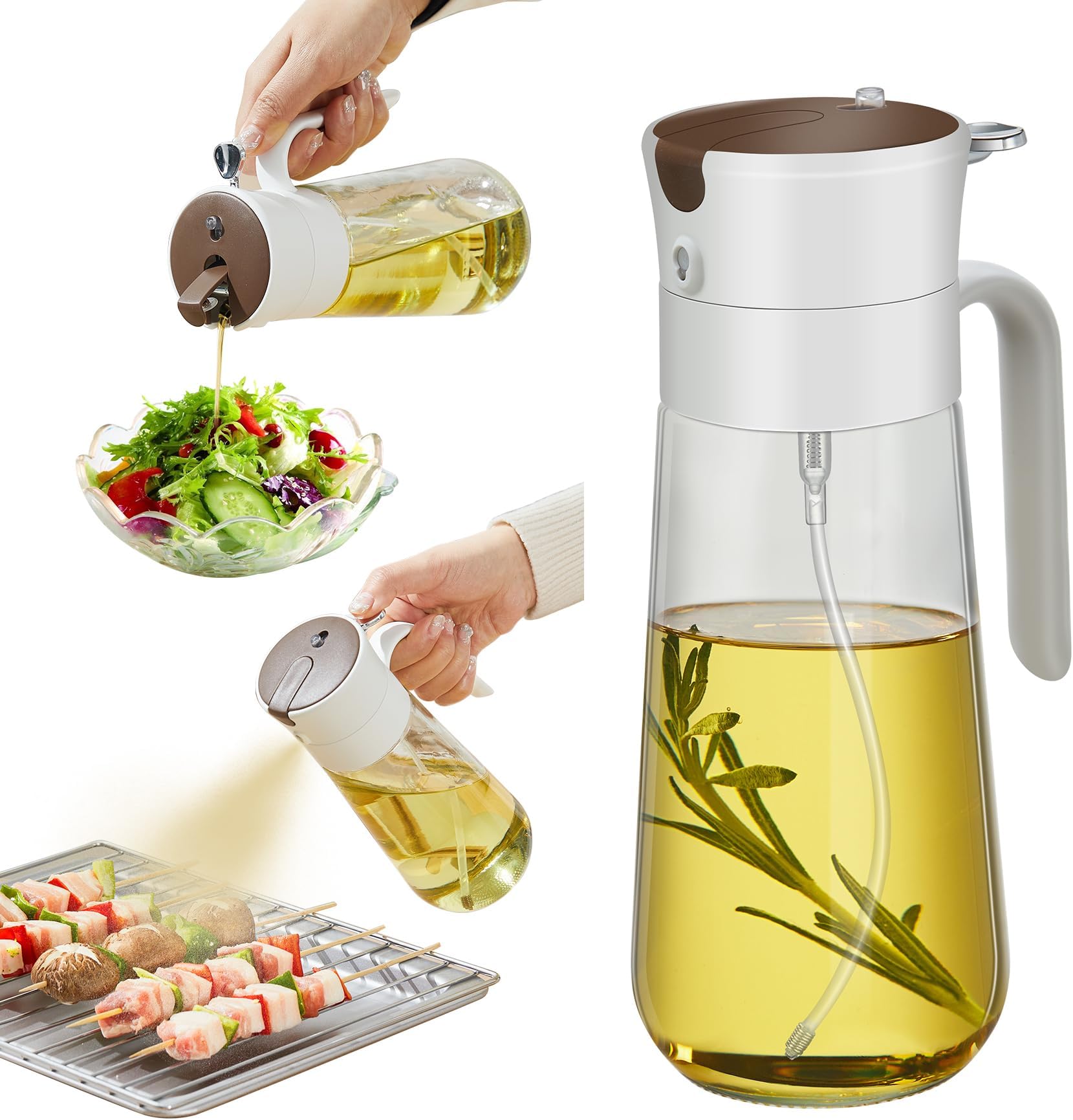 Glass Olive Oil Dispenser Bottle & Oil Sprayer Bottle 2 In 1 for Kitchen Cooking, Auto Flip Cap, 18oz White