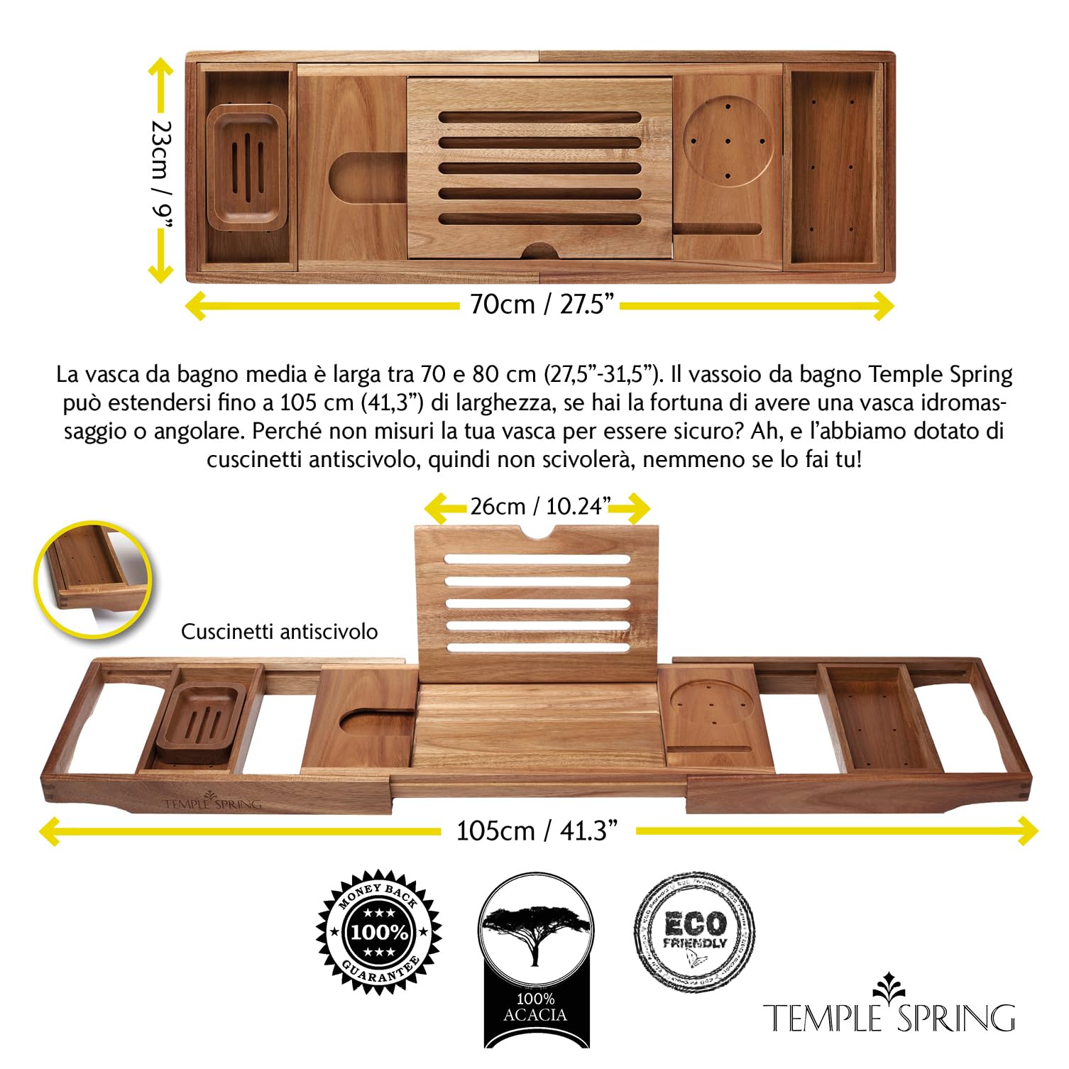 Temple Spring Vassoio da bagno estensibile per vasca da bagno con candele, bicchieri da vino, libri, supporti per iPad e telefono, vassoio da bagno regolabile in sopra gli accessori vasca-Acacia