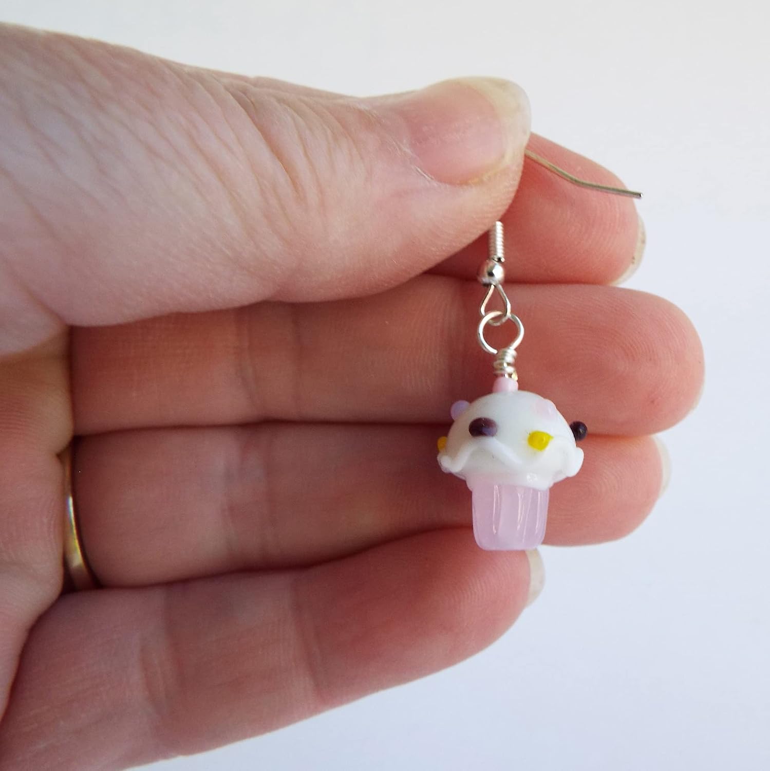 Pink Cupcake Glass Earrings for Women and Teens with Colorful Sprinkles and Silver Toned Ear Wires