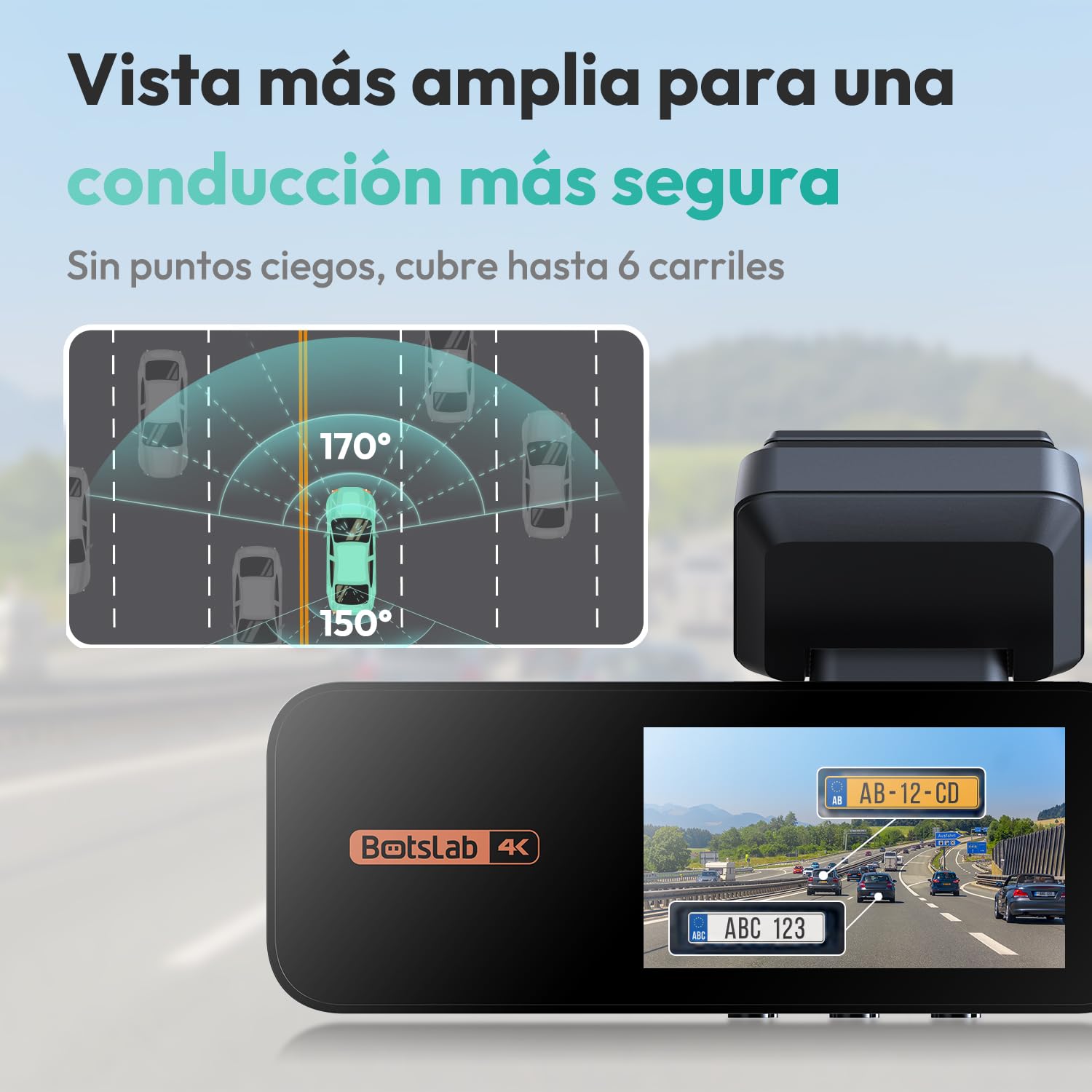 BOTSLAB 4K Dash CAM Delantera y Trasera, Visión Nocturna, Cámara Trasera Giratoria 360°, Tarjeta SD 64 GB, Pantalla IPS 2.45», Gran Angular 170°, GPS y WiFi Integrados, Modo Aparcamiento 24/7
