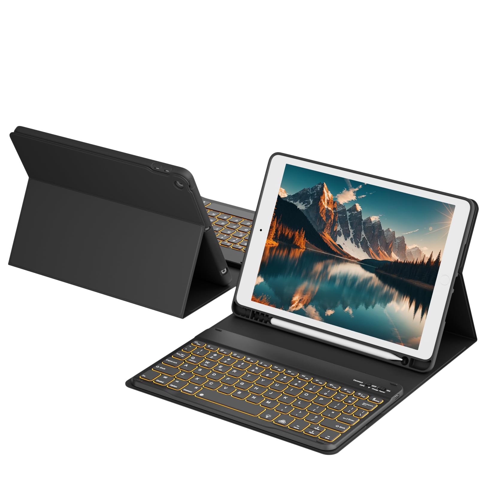 KenKe Case for iPad 9th/8th7th 10.2-Inch Generation(2021/2020/2019) with Bluetooth Keyboard -7 Colors Backlit Wireless Detachable Folio Thin&Wight Cute Keyboard Cover with Pencil Holder, Black