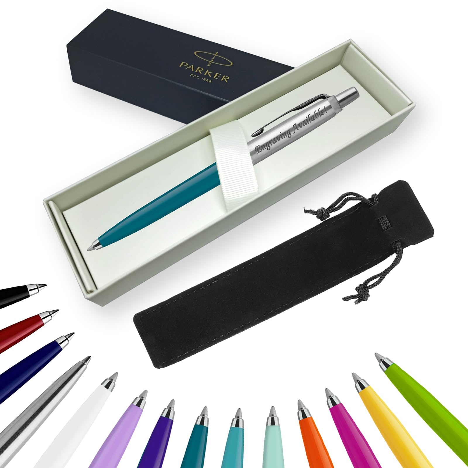 Parker Jotter Ballpoint Pen Handwriting Pens & Stationery Supplies - Ideal for Birthdays/Anniversaries Can be Engraved! (With Engraving, Peacock Blue, Ribbon Gift Box)