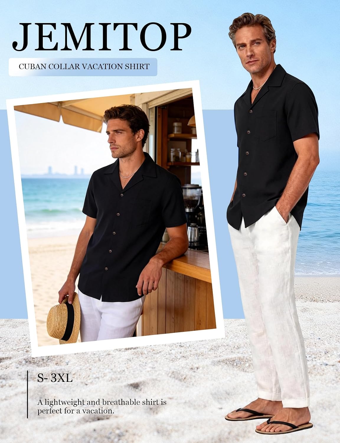 JEMITOP Men's Stretch Cuban Collar Shirt Summer Lightweight Short Sleeve Button Down Shirts with Pocket for Beach Vacation