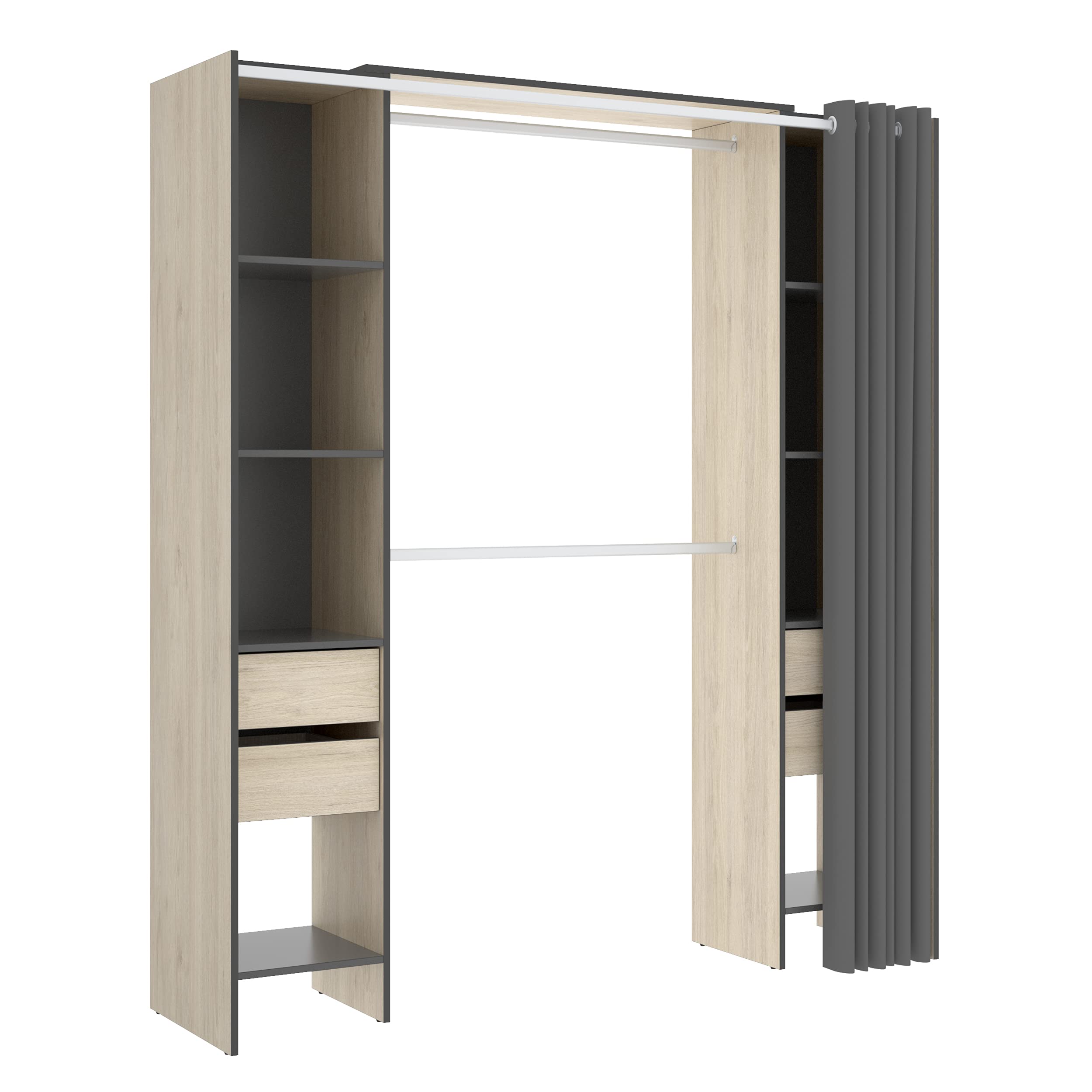 DEKIT GRUPO RIMOBEL SUIT - Vestidor con estantes y curato cajones con cortina - Natural / Grafito - 205 X 50 X 177,5 cm