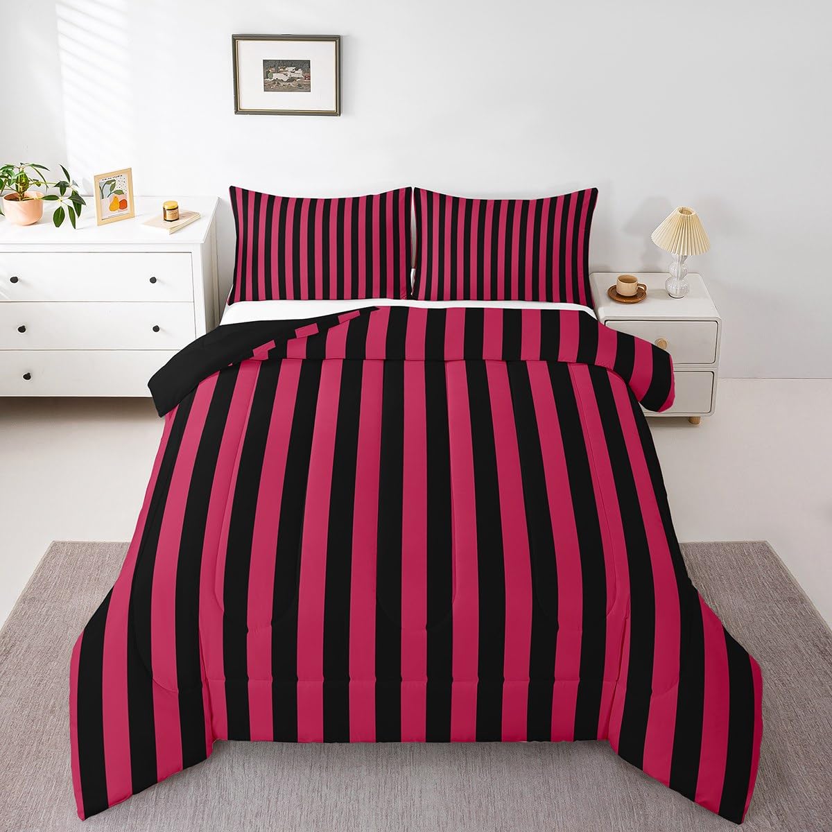 jejeloiu Rose Pink Black Duvet Quilt Stripes Geometric Bedding Set for Kids Boys Girls Teens Room Decor Modern Comforter Set Full Size Luxury 3Pcs