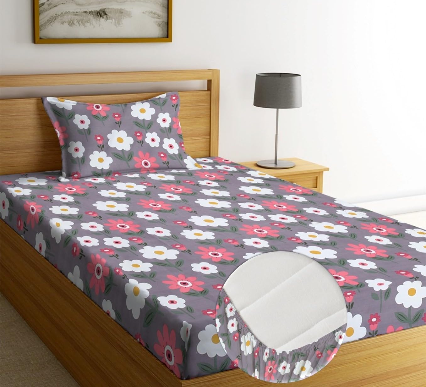 NHD HOME Pure Cotton Elastic Fitted Bedsheets with 1 King Size Pillow Covers | Single Mattress Bed with All Around Elastic 210tc Supersoft | Size - 72 x 36 +6 inches | Floral Pink Grey (B0DBFV9P9J) Amazon Price History, Amazon Price Tracker