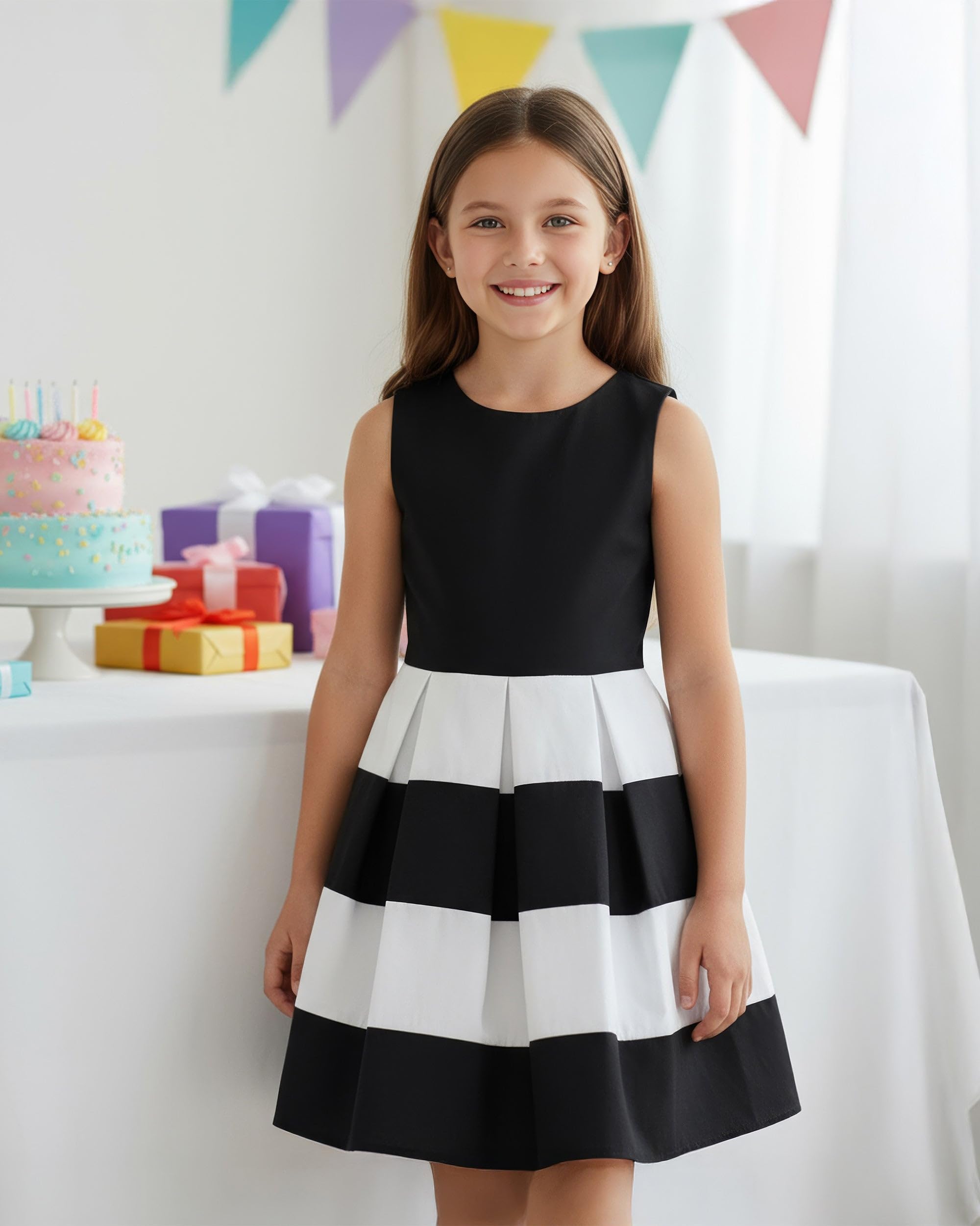 BlackButterfly Vestido Niña Lilly Rayas | Falda Plisada, Cuerpo Liso, Diseño Bicolor, Sin Mangas, Escote Redondo, Forro Interior, Cremallera Trasera, 3-14 Años