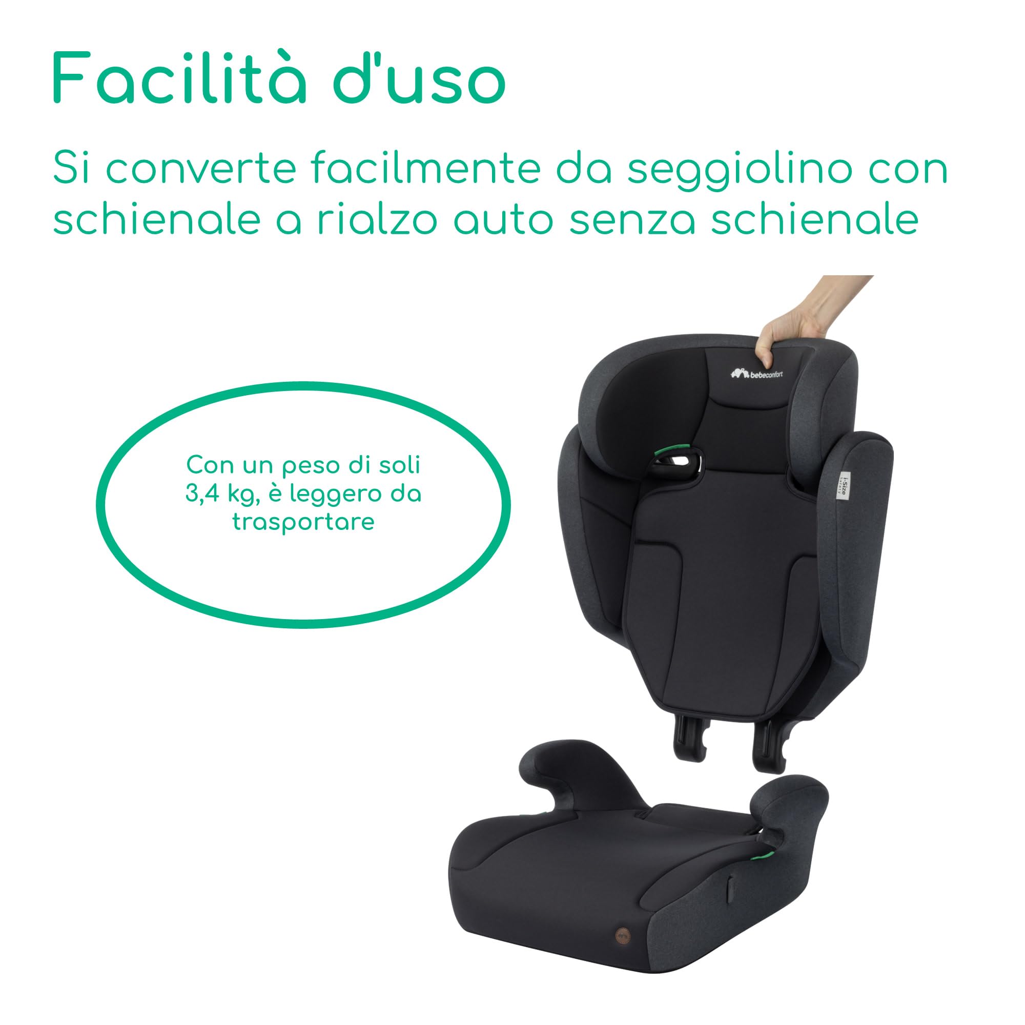 Bebeconfort Ride i-Safe Seggiolino Auto Bambini 100-150 cm (3,5-12 Anni), Gruppo 2/3, Rialzo Auto con Schienale Rimovibile, R129, Leggero 3,4 kg, Poggiatesta Regolabile 11 Posizioni, Portabibite, Nero