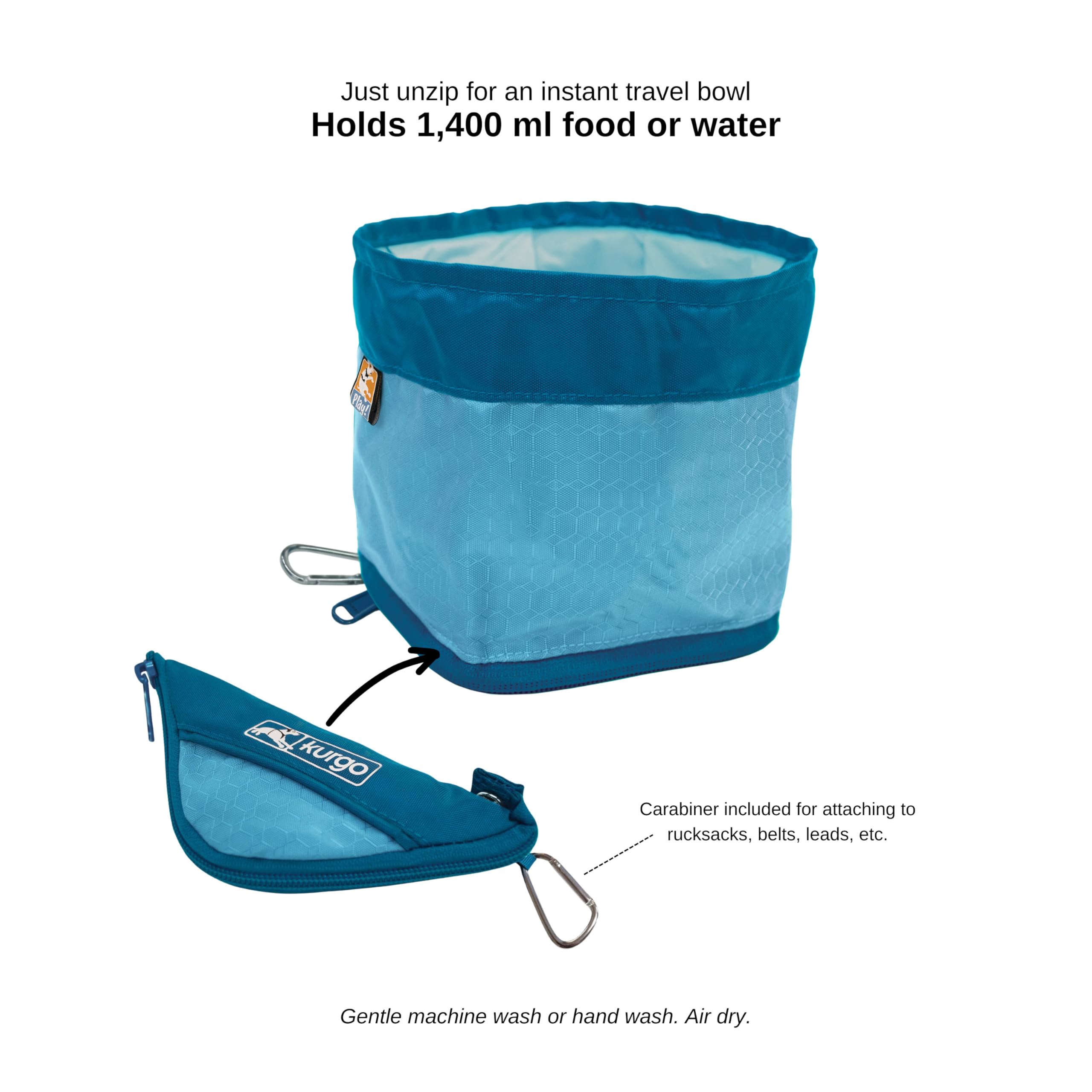 Kurgo Zippy Bowl, składana miska podróżna dla psa na jedzenie i wodę z karabińczykiem, nie zawiera BPA, mieści 1,4 l, niebieska (Coastal Blue)