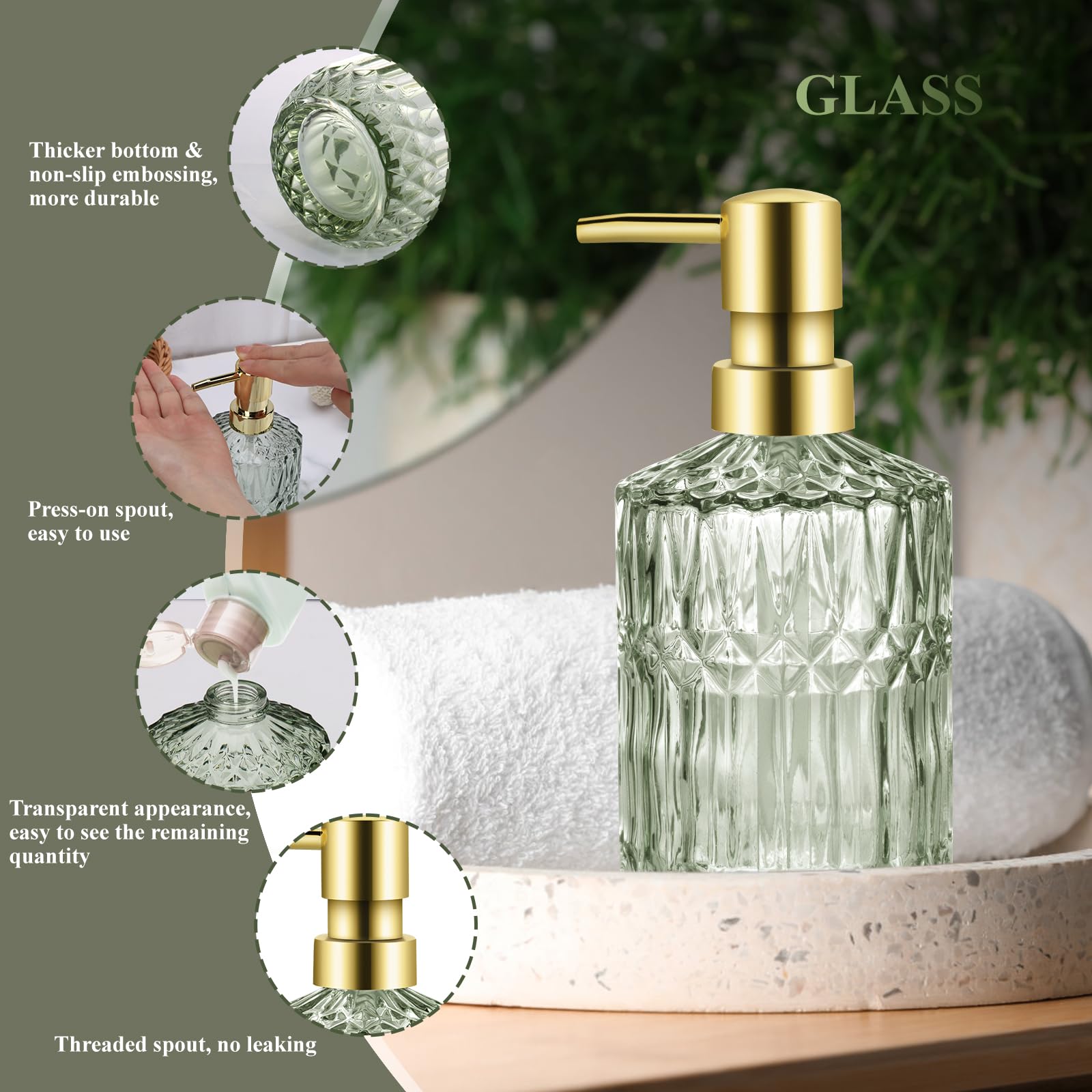 Juego de accesorios de baño verdes, 5 piezas de decoración de baño de cristal, dispensador de jabón de diamante, jabonera, soporte para cepillo de dientes, vaso de baño, tarros de hisopo de algodón,