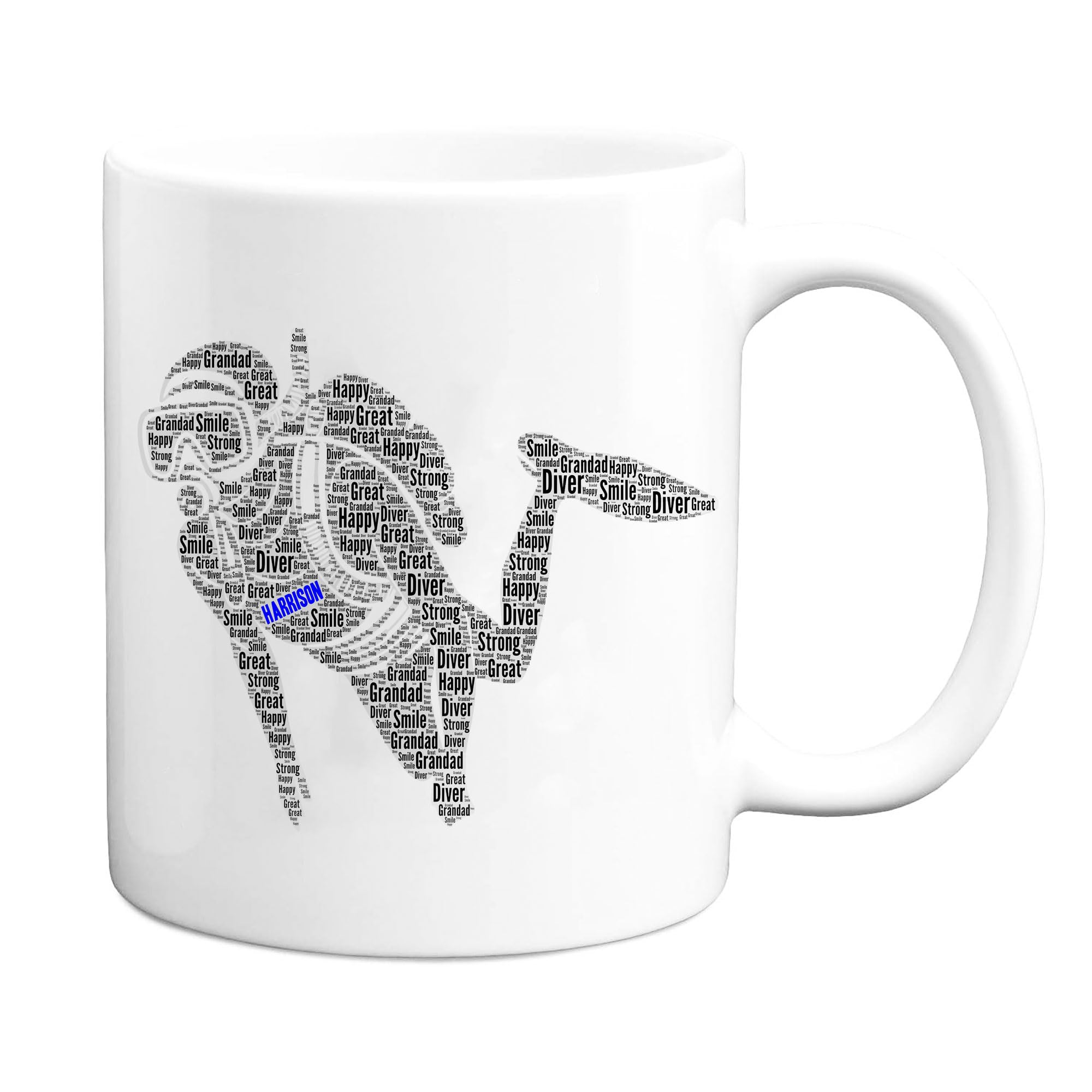 Personalised Diver Word Art Print Mug, Custom Scuba Diving Figure Word Cloud Gift Mug, Printed Underwater Diving Birthday Christmas Gifts
