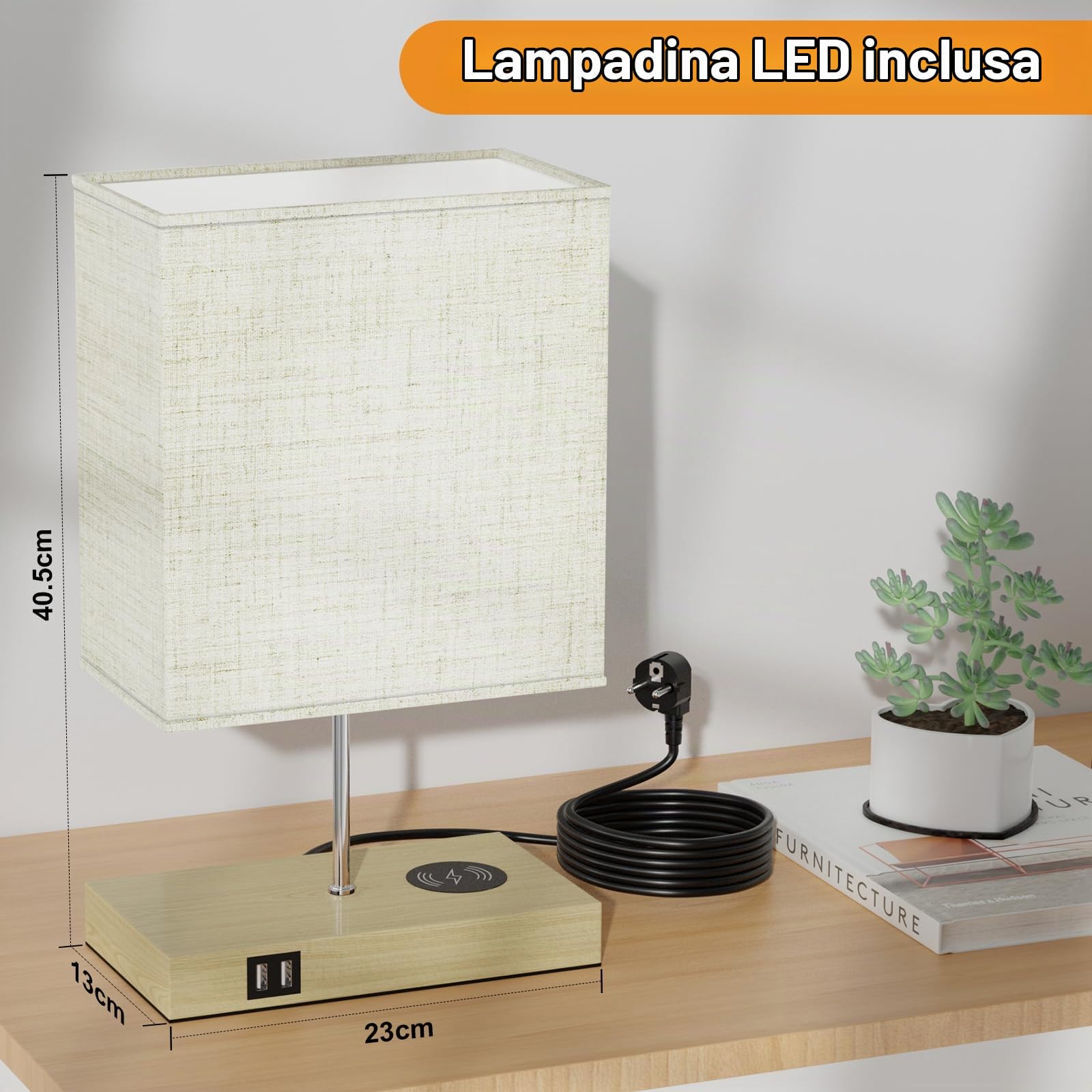 GLUROO Lampada da Comodino con Ricarica Wireless, 2 Porte USB, Controllo Touch abat jour ,Dimmerabile a 3 vie Lampada da Tavolo a LED per Lettura,Soggiorno,Ufficio