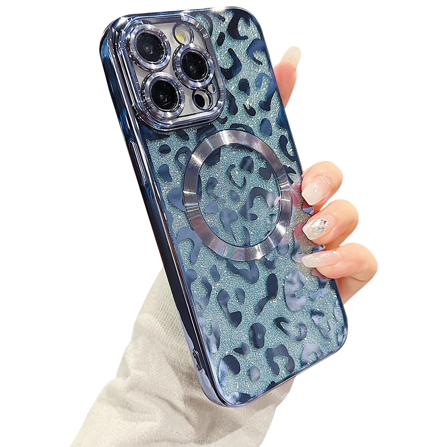 ZONRW for iPhone 15 Pro Max Case Magnetic,Soft Cute Luxury Leopard Cheetah Pattern Plating Glitter Bling Phone Case Compatible with MagSafe Clear