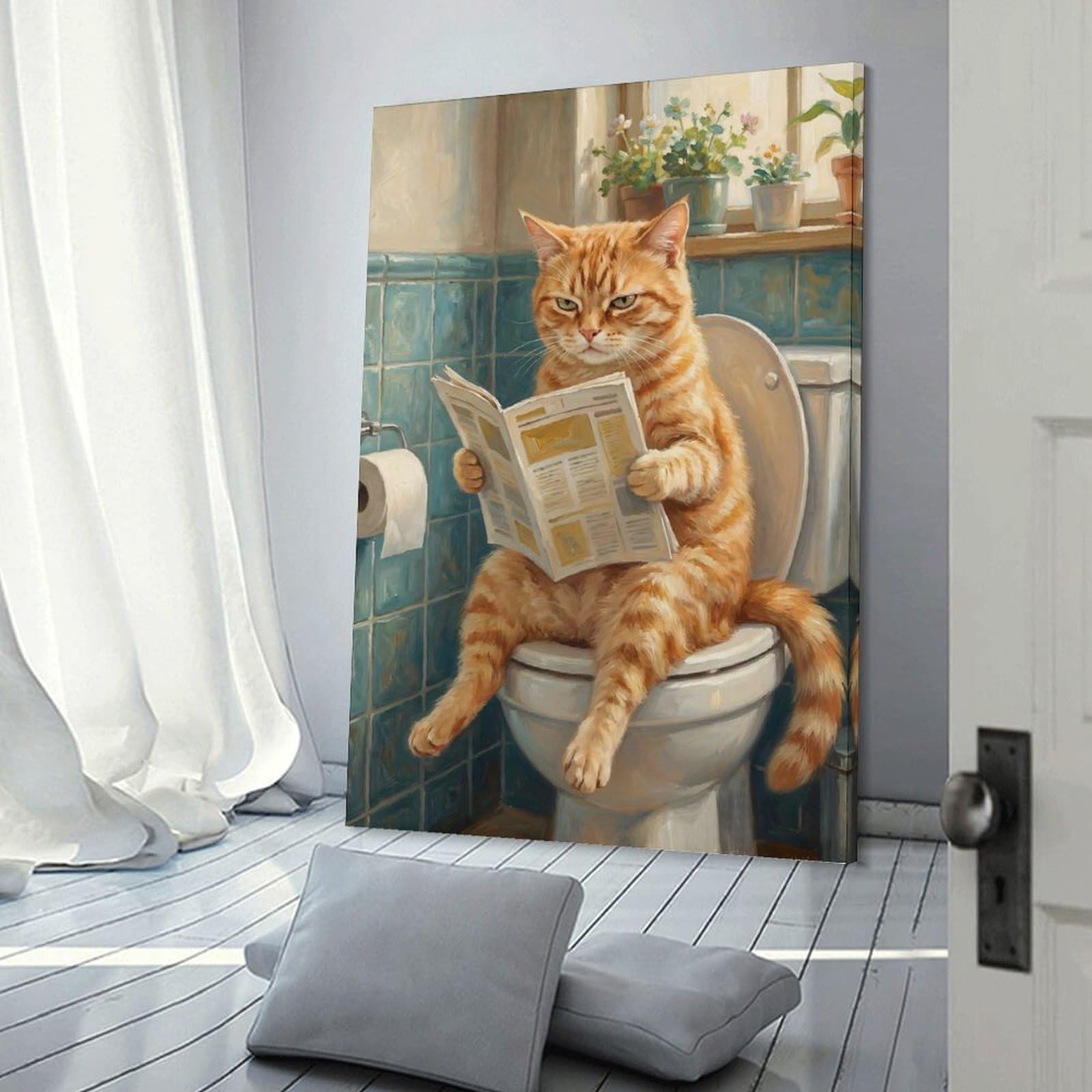 Junmoney Frame-Style-4 Cat Reading Newspaper On Toilet Poster, Picture, Metal Print, Paint By Mikazuki Room Decor Wall Art 24X36inch(60X90cm), For Lounge Decor, Offices Or Entryway Styling, A Flexible Wall Accent For Shared