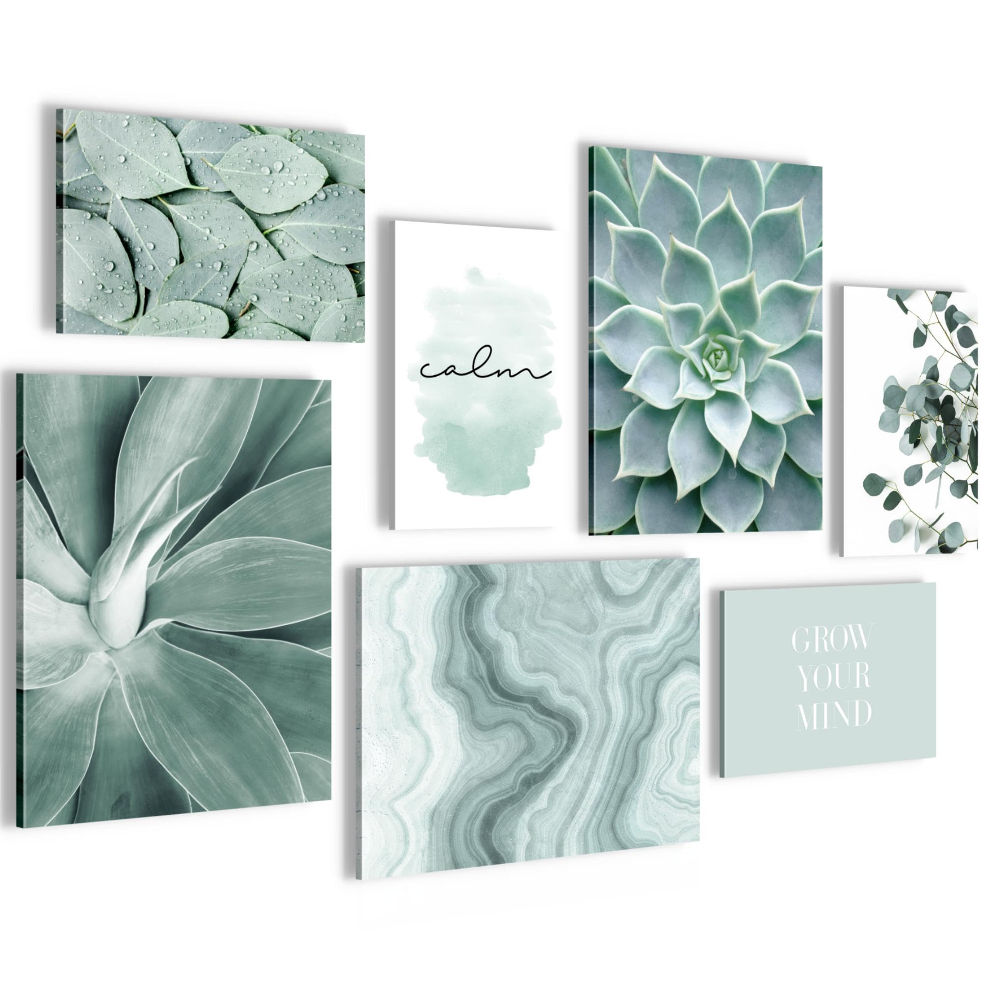 Novart Set of Canvas - COMPLETELY READY TO HANG - Pictures for Wall - Green leaves - 7 Parts - Living Room Bedroom N027471a