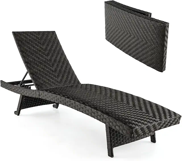 Costway Folding Rattan Sun Lounger - 5-Position Adjustable Wicker Chaise Lounge