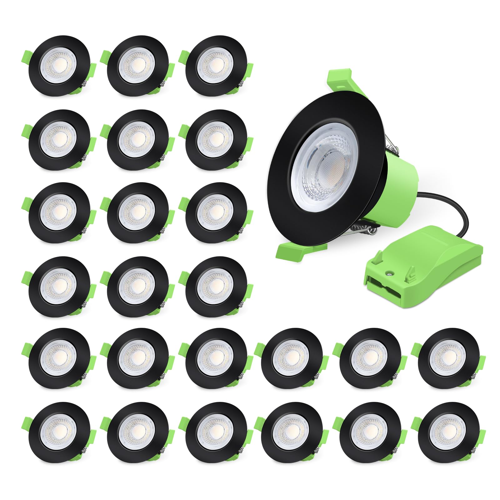 ALUSSO Fire Rated LED Downlights 6W 600lm, 3CCT Colors Selectable 3000K/4000K/6500K Warm Cool White Daylight Recessed Ceiling Lights Dimmable, Spotlights IP65 Waterproof for Bathroom, Black 24 Pack