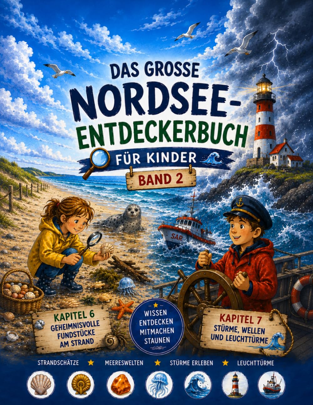 DAS GROSSE NORDSEE-ENTDECKERBUCH FÜR KINDER — BAND 2: Spannendes Nordsee-Wissen mit Strandfunden, Sturmfluten, Leuchttürmen und Mitmachseiten für Kinder