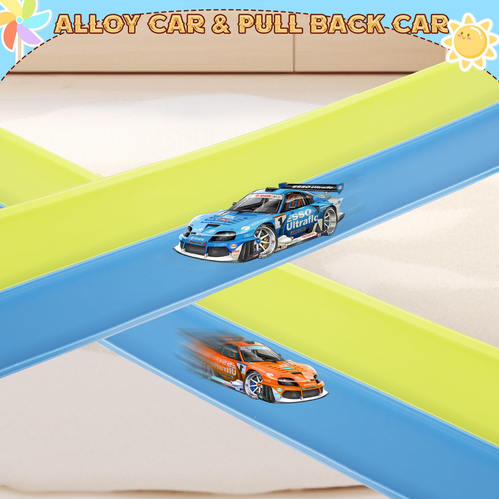 Flex Tracks 15 Ft for Kids Starter Set, Flexible Race Car Ramp Track with Suction Cups Compatible with Hot Wheels and Diecast 1/64th Cars for Ages 3 & Up (Green & Blue)