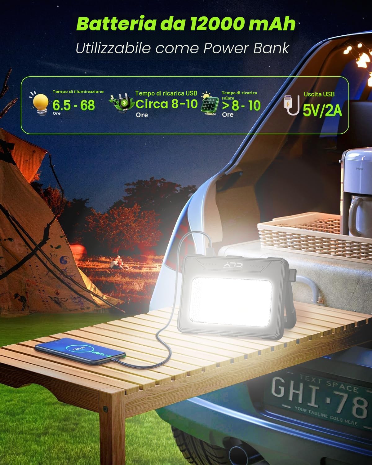 CLV Faro Luce LED Portatile 60W, Faro LED Ricaricabile USB & Solare con 12000mAh Batteria, 4 Modalità di Illuminazione 5 Luminosità, Luci da Lavoro per Cantiere, Garage, Campeggio, Emergenza