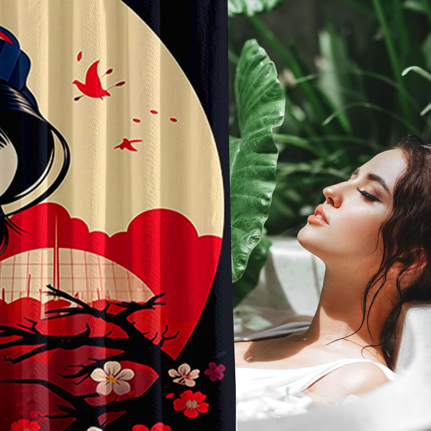 Japanese Shower Curtain, Anime Shower Curtain, Japanese Woman Cherry Blossom Shower Curtain Set Waterproof Bath Curtain Bathroom Decor with 12 Hooks, 72x72 inches